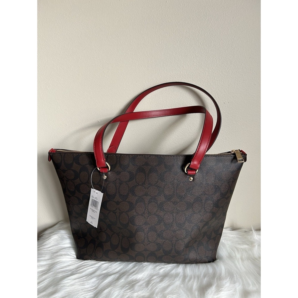 Coach Gallery Tote Brown Red Signature‎ Canvas Leather Shoulder Bag NEW - Picture 2 of 7